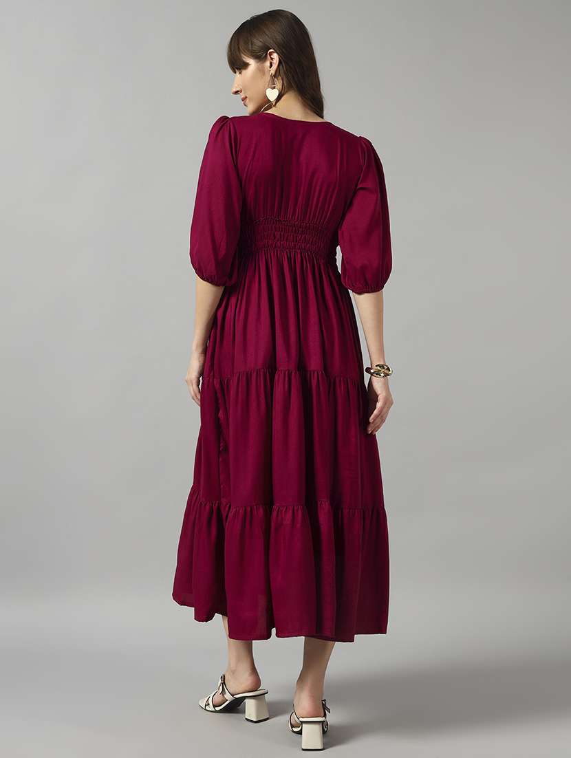 women solid puff sleeve tiered dress - 22089268 -  Standard Image - 2