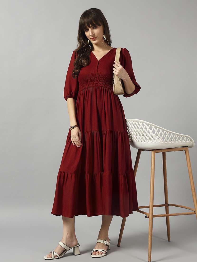women solid puff sleeve tiered dress