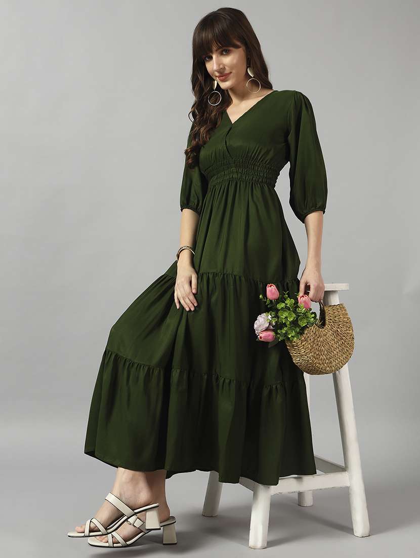 women solid puff sleeve tiered dress