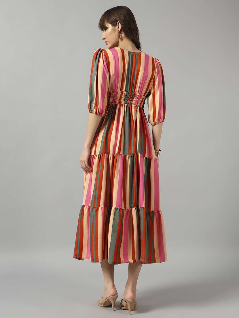 women striped three quarter sleeve tiered dress - 22089280 -  Standard Image - 2