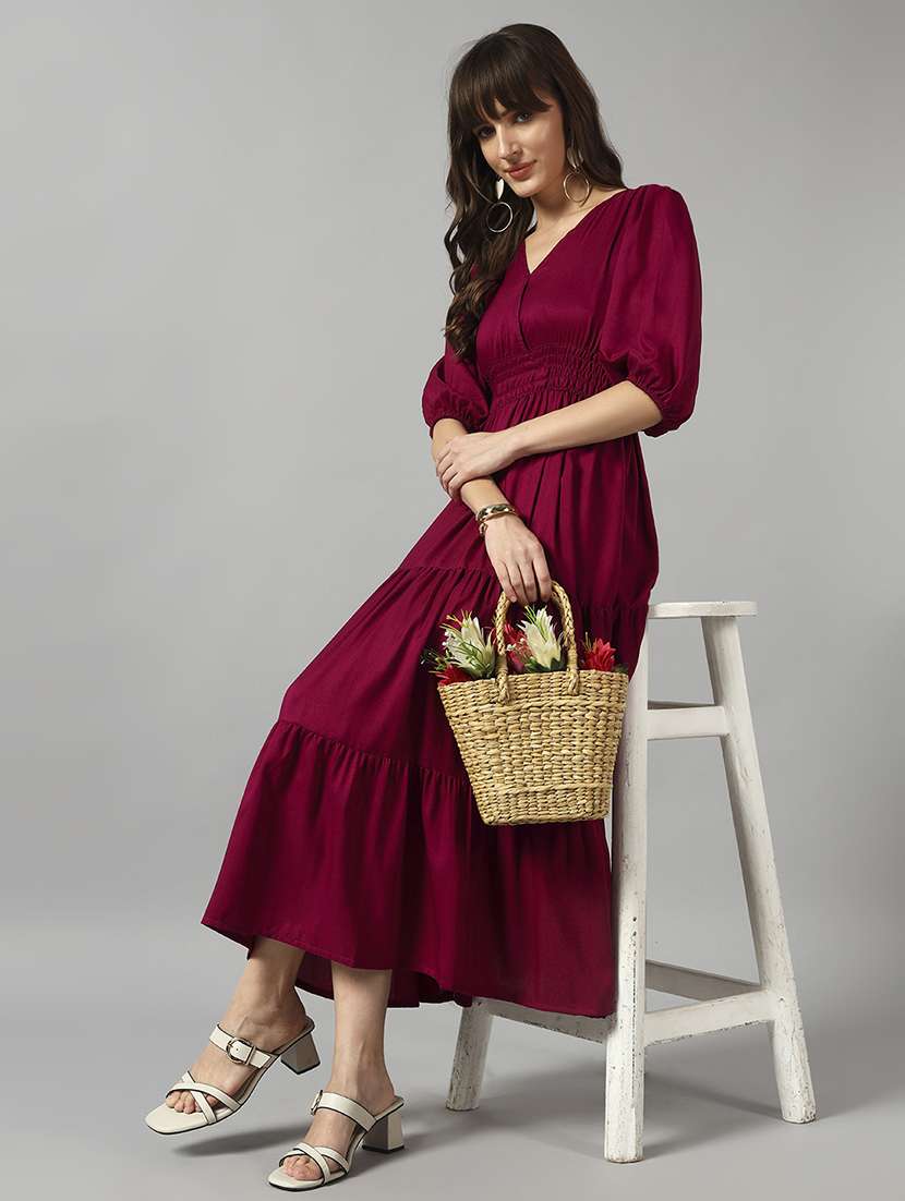 women solid puff sleeve tiered dress