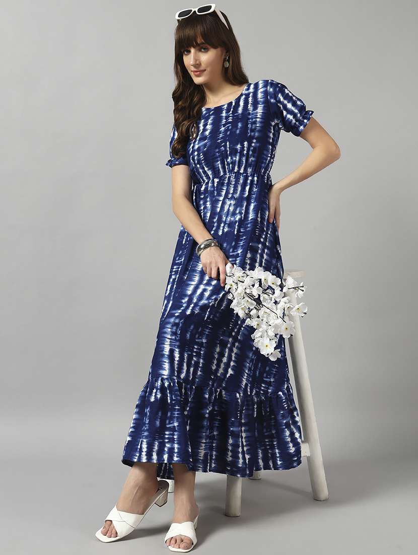 women tie & dye printed puff sleeve tiered dress