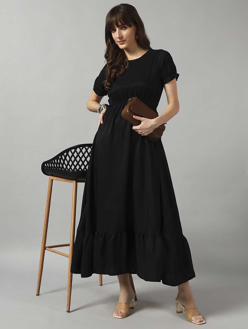 women solid puff sleeve tiered dress