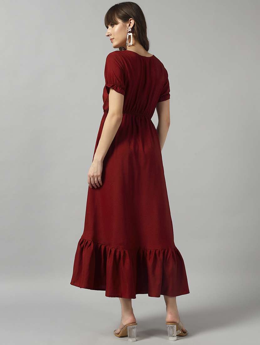 women solid puff sleeve tiered dress - 22089331 -  Standard Image - 2