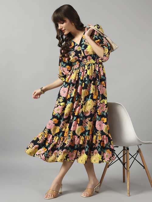women floral printed puff sleeve tiered dress - 22090774 -  Standard Image - 0