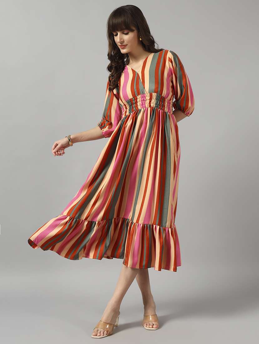 women striped puff sleeve tiered dress