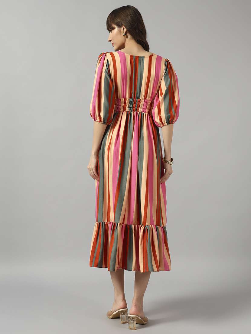 women striped puff sleeve tiered dress - 22090781 - Standard Image - 2