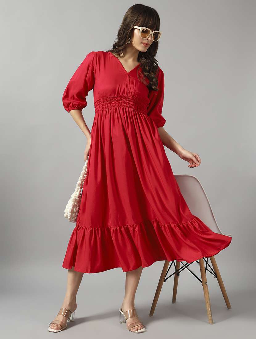 women solid puff sleeve tiered dress