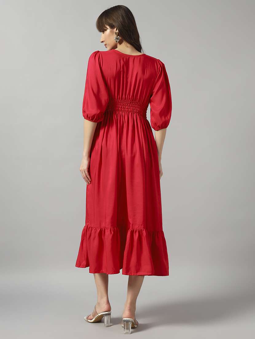 women solid puff sleeve tiered dress - 22090805 - Standard Image - 2
