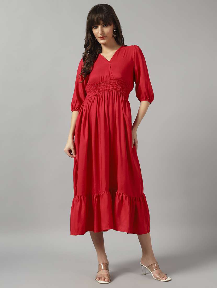 women solid puff sleeve tiered dress