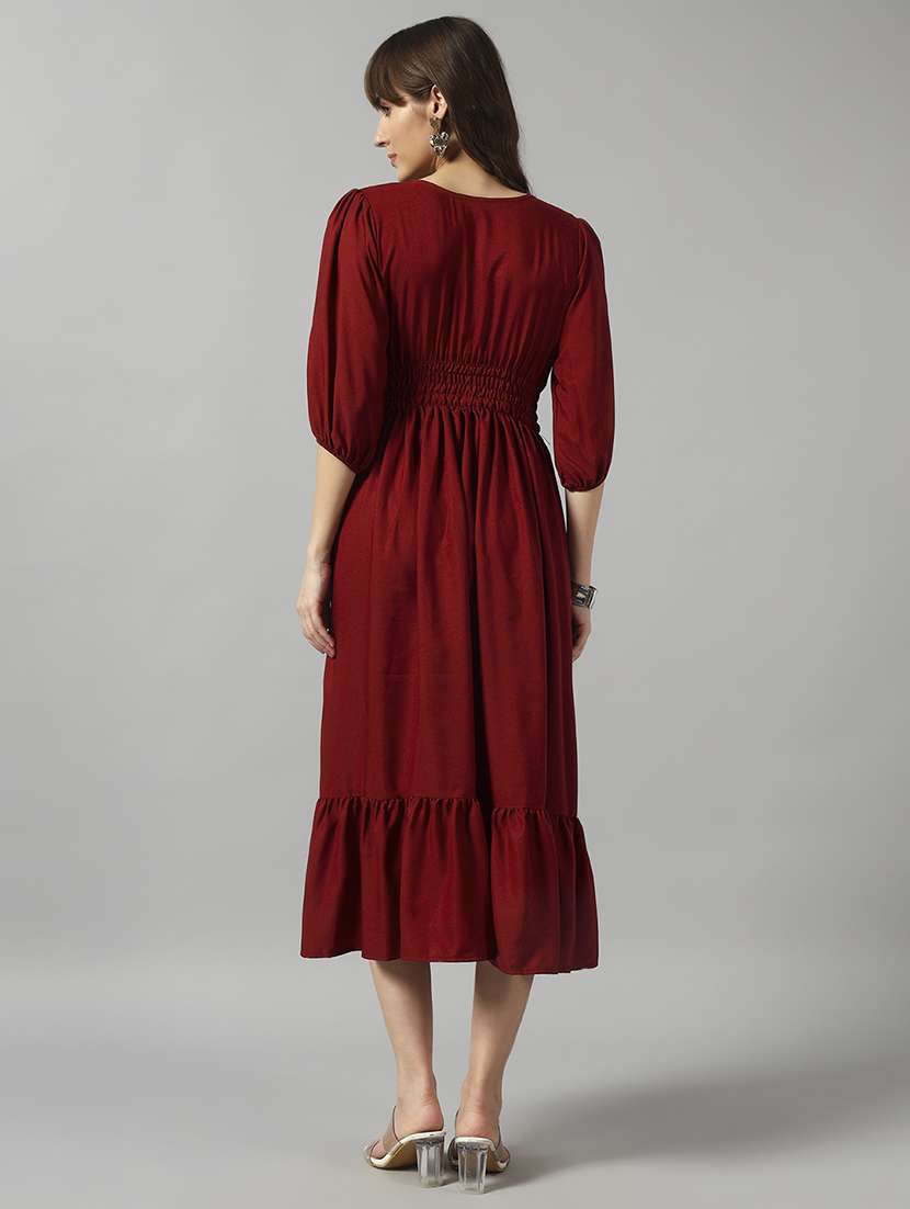 women solid puff sleeve tiered dress - 22090810 -  Standard Image - 2