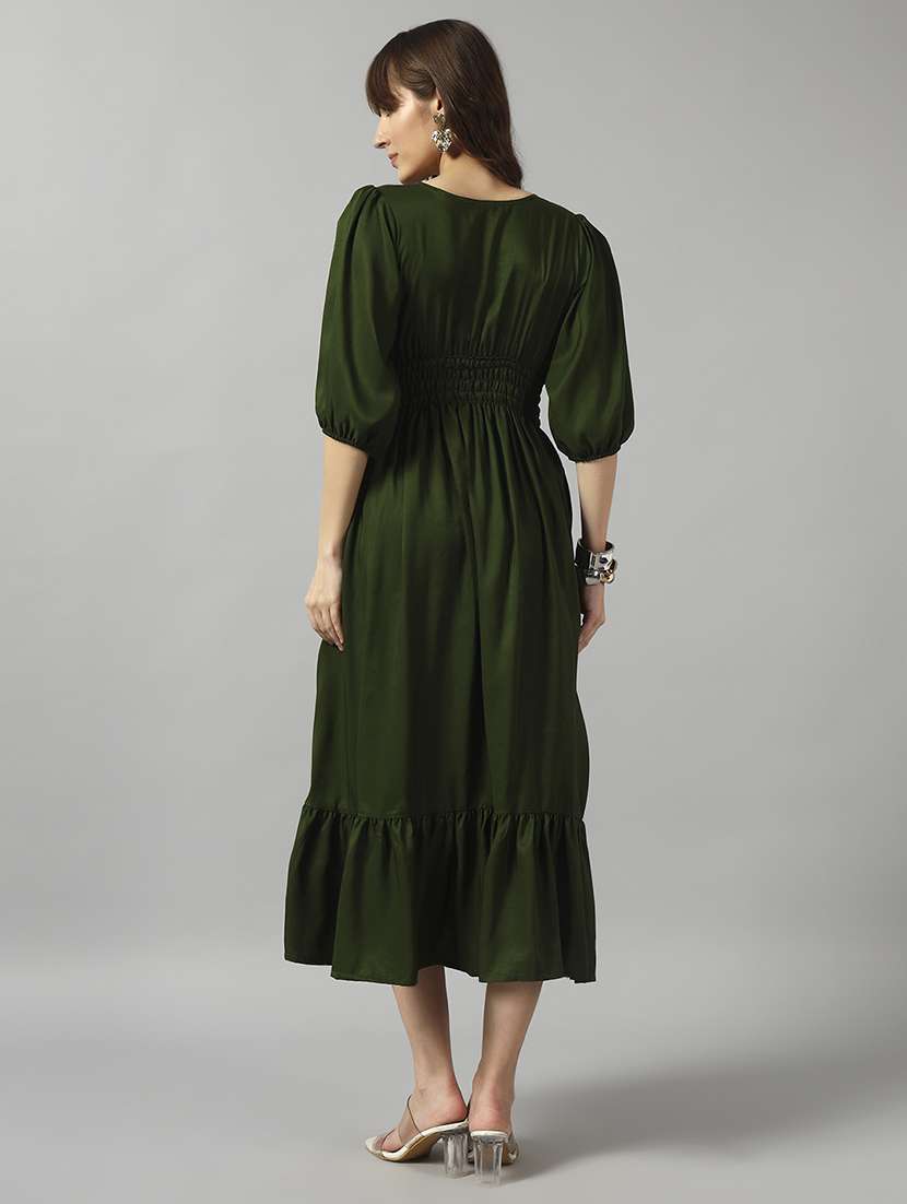 women solid puff sleeve tiered dress - 22090813 -  Standard Image - 2