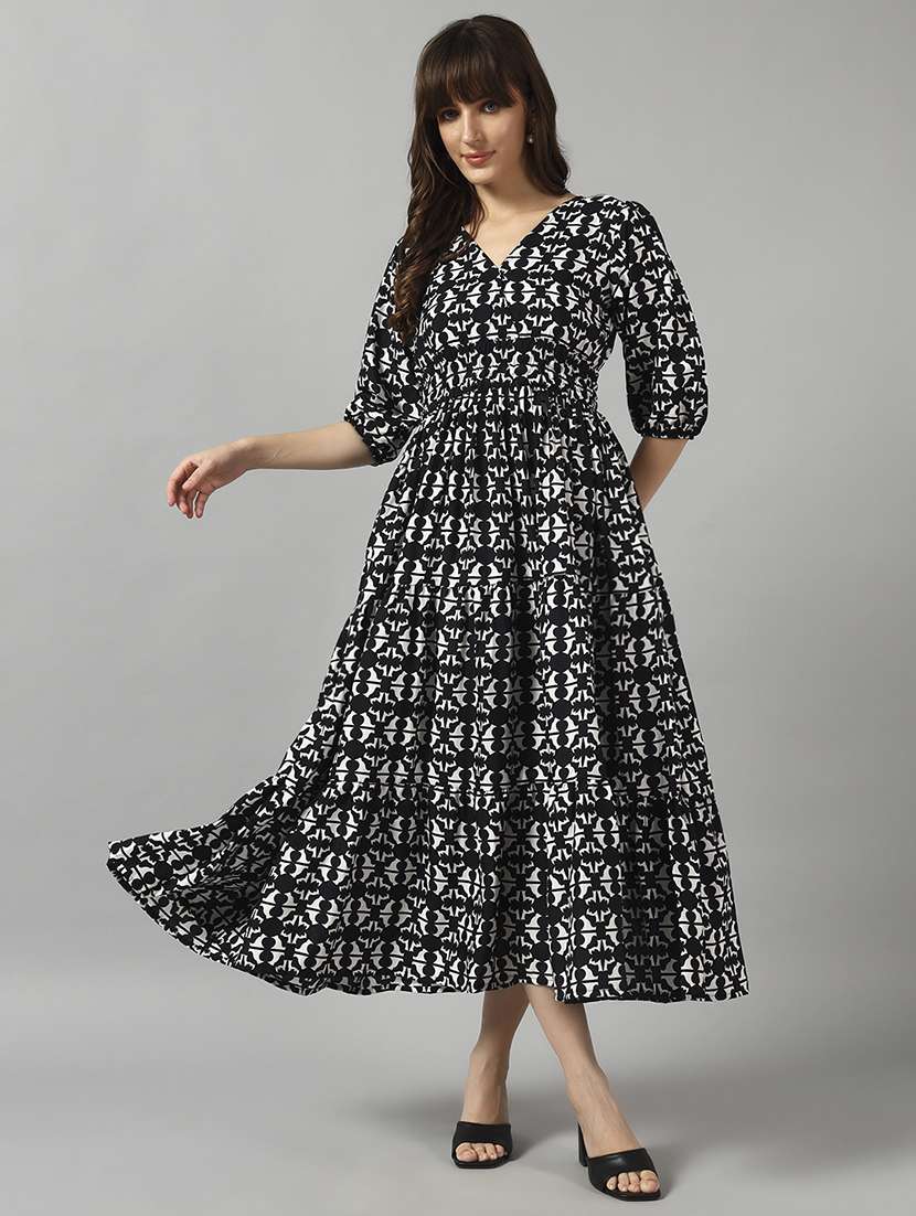 women printed puff sleeve tiered dress