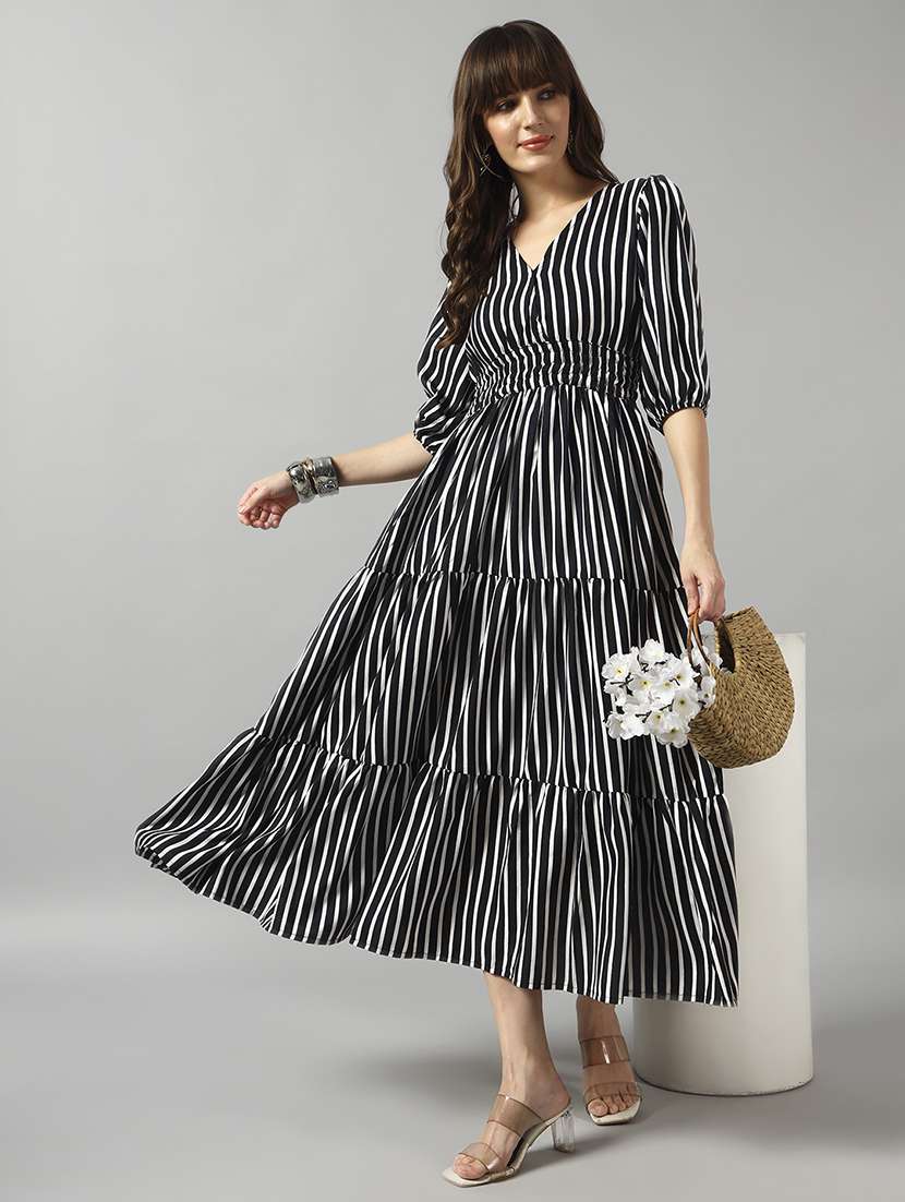 women striped puff sleeve tiered dress