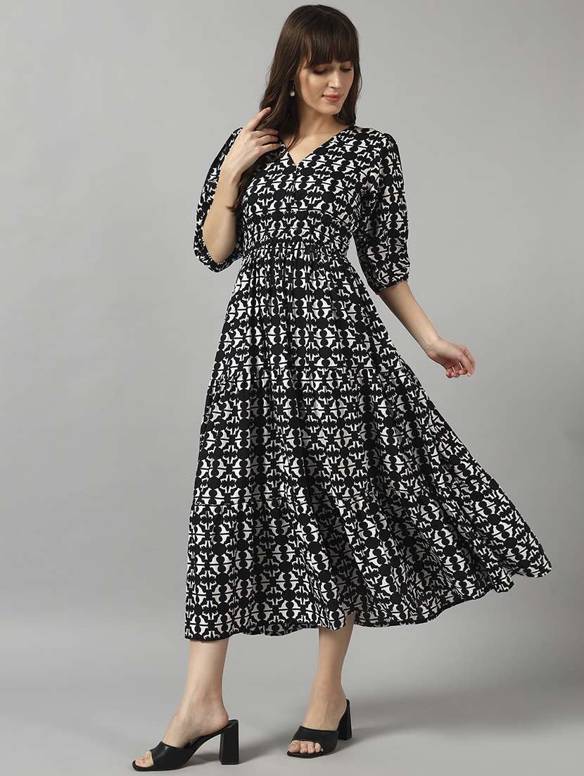 women printed puff sleeve tiered dress