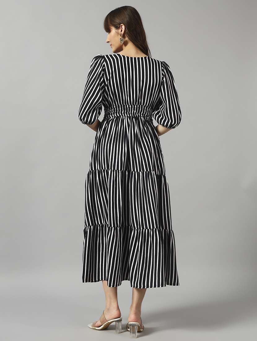 women striped puff sleeve tiered dress - 22091537 -  Standard Image - 2