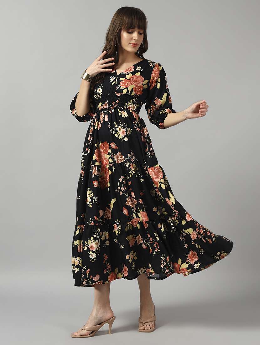 women floral printed puff sleeve tiered dress
