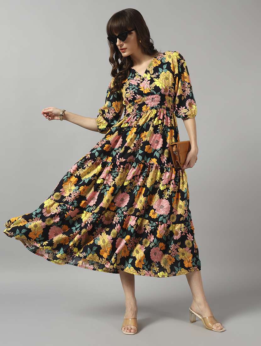 women floral printed puff sleeve tiered dress