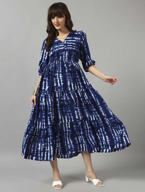 women tie & dye printed puff sleeve tiered dress - 22091548 -  Standard Image - 0