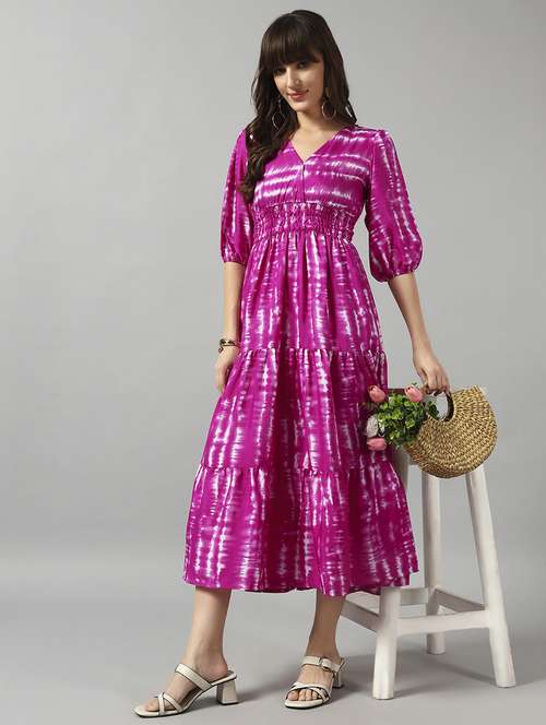 women tie & dye printed puff sleeve tiered dress - 22091550 -  Standard Image - 0