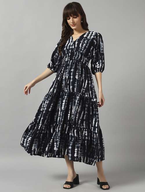 women tie & dye printed puff sleeve tiered dress - 22091551 -  Standard Image - 0