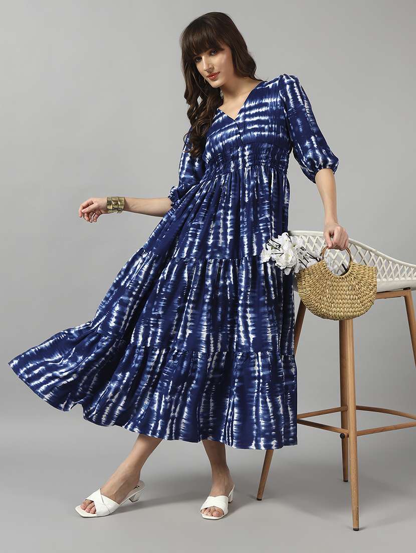 women tie & dye printed puff sleeve tiered dress