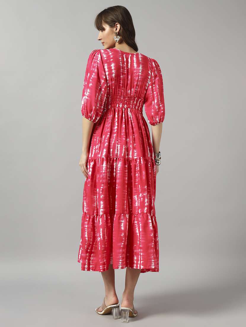 women tie & dye printed puff sleeve tiered dress - 22091553 -  Standard Image - 2
