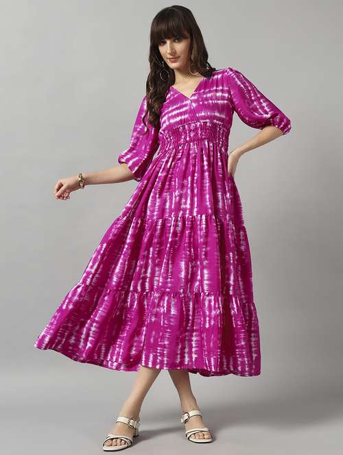 women tie & dye printed puff sleeve tiered dress - 22091554 -  Standard Image - 0