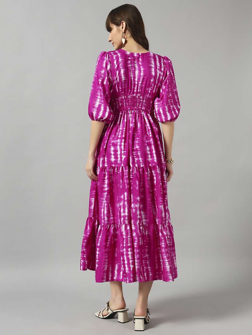 women tie & dye printed puff sleeve tiered dress - 22091554 -  Standard Image - 2