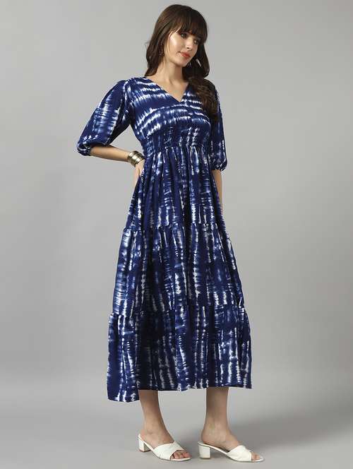 women tie & dye printed puff sleeve tiered dress - 22091556 -  Standard Image - 0