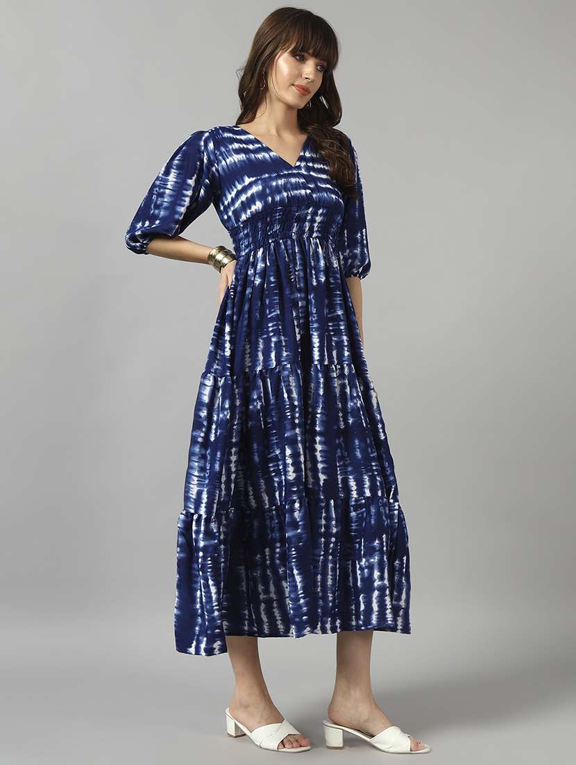 women tie & dye printed puff sleeve tiered dress