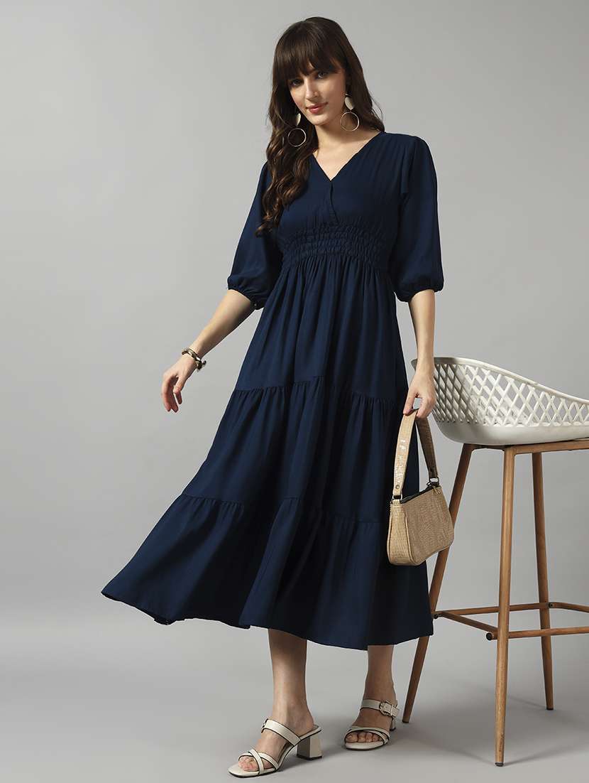 women solid puff sleeve tiered dress