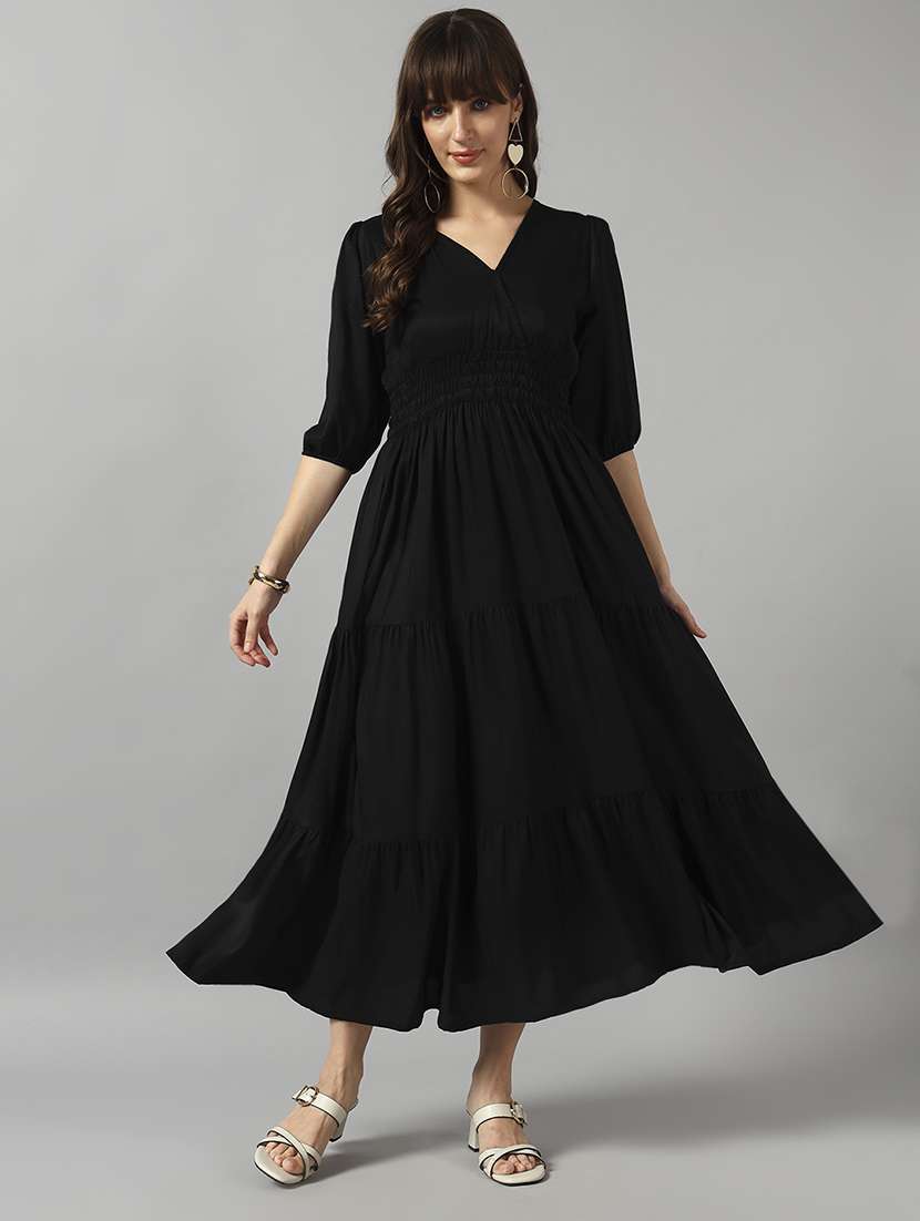 women solid puff sleeve tiered dress
