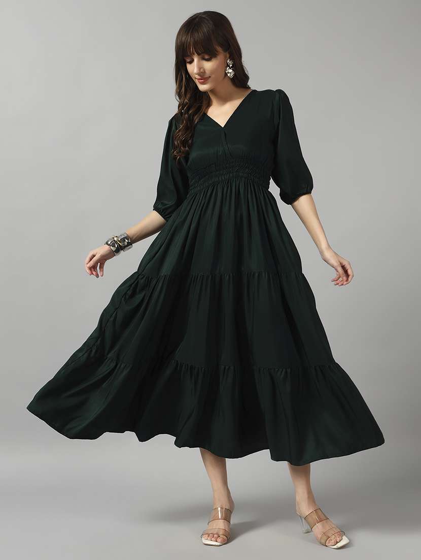 women solid puff sleeve tiered dress