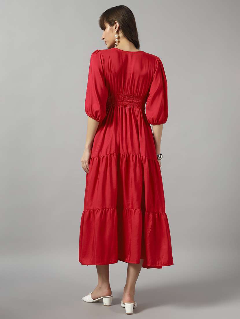 women solid puff sleeve tiered dress - 22091570 -  Standard Image - 2