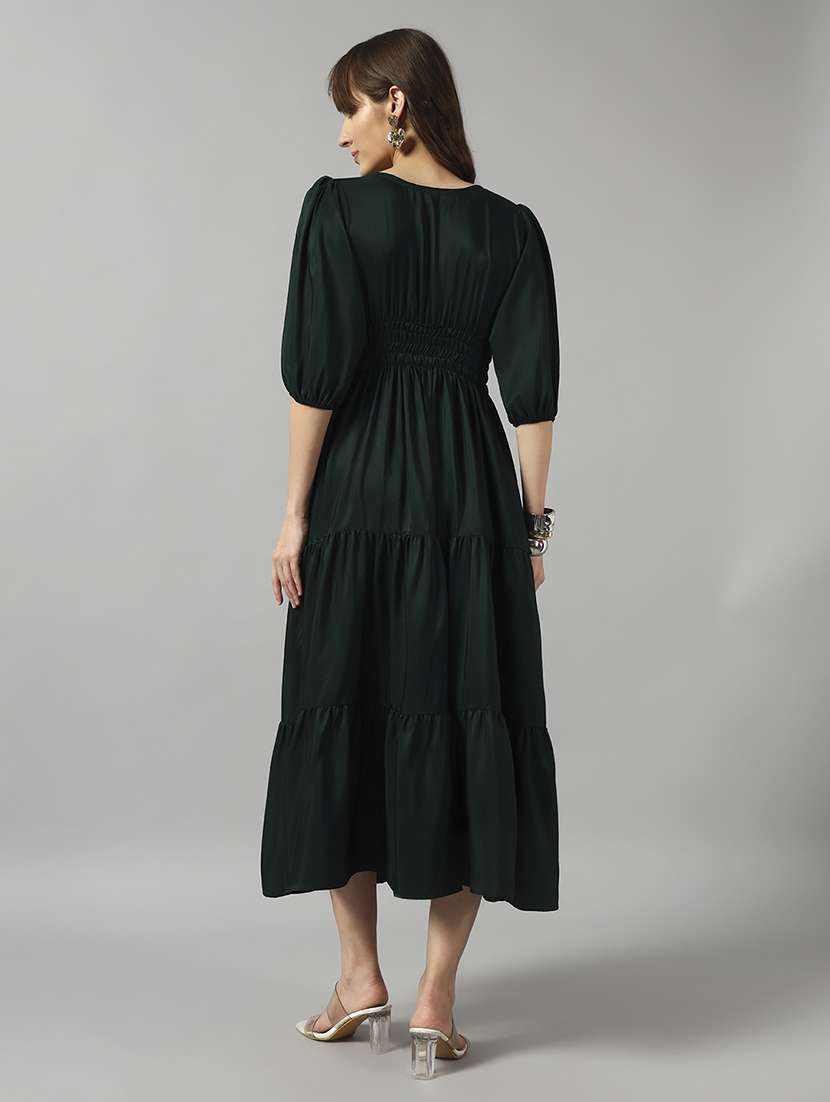 women solid puff sleeve tiered dress - 22091571 -  Standard Image - 2