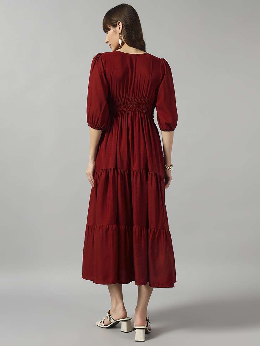 women solid puff sleeve tiered dress - 22091576 -  Standard Image - 2