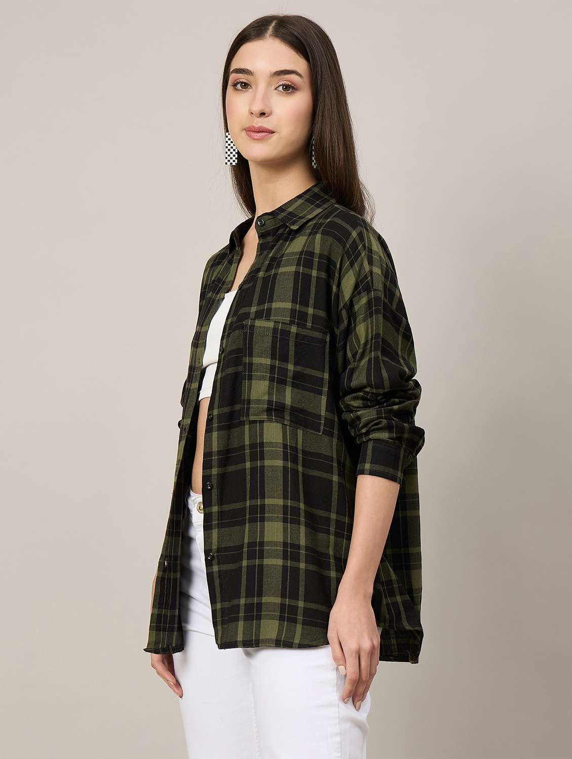 women checkered long sleeve oversized shirt - 22092019 - Standard Image - 2