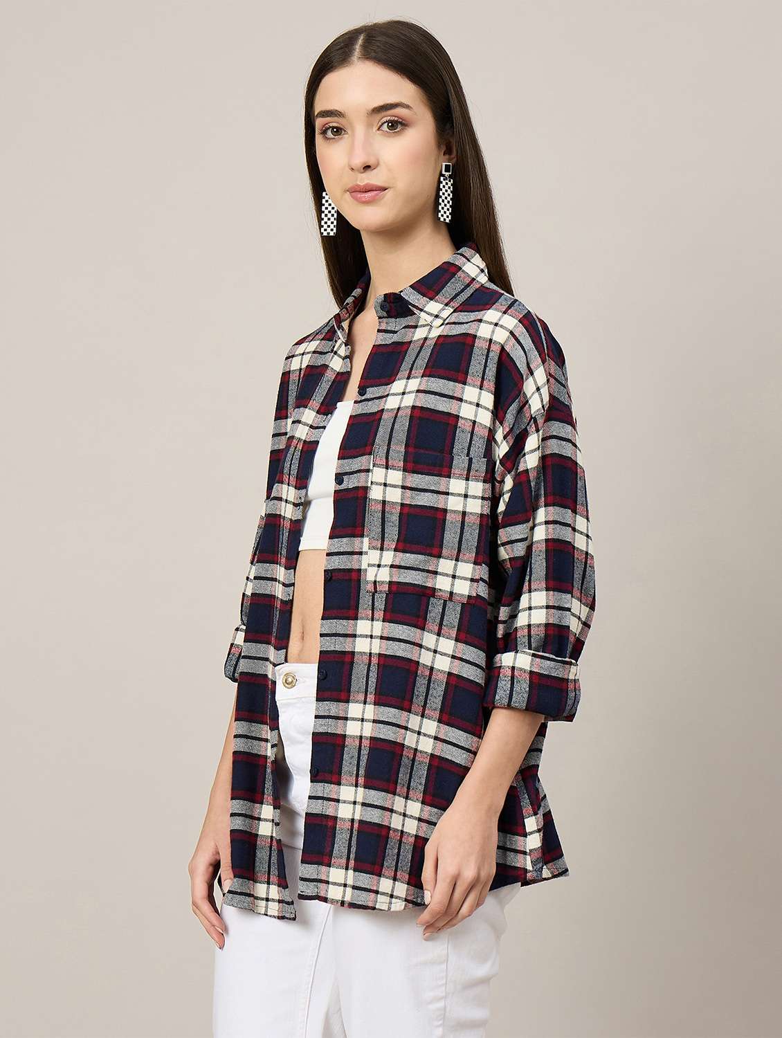 women checkered long sleeve oversized shirt - 22092020 - Standard Image - 2