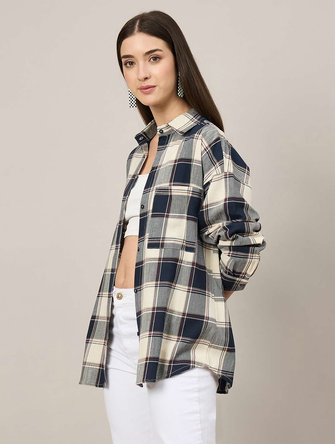women checkered long sleeve oversized shirt - 22092021 - Standard Image - 2