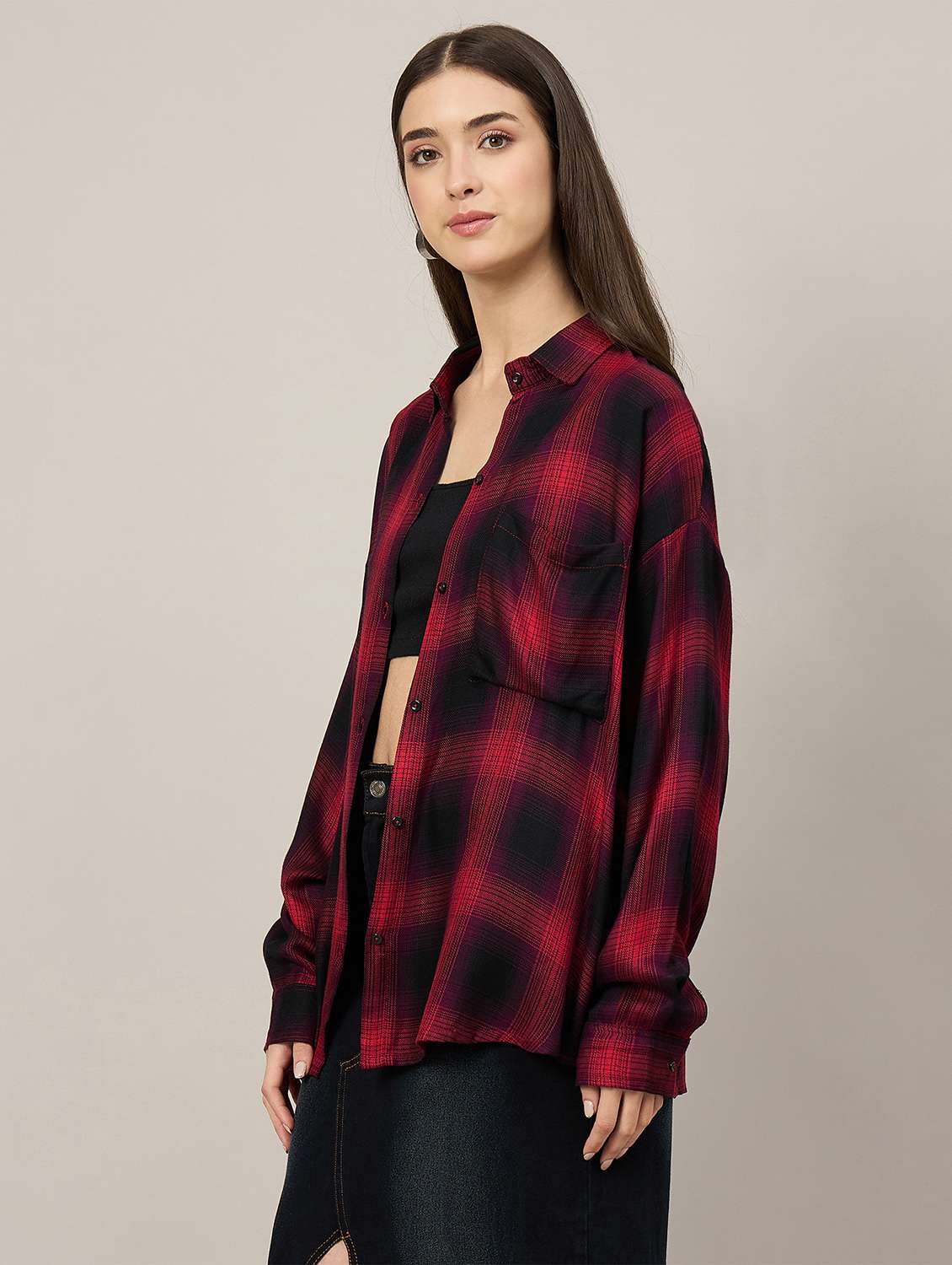 women checkered long sleeve oversized shirt - 22092022 - Standard Image - 2