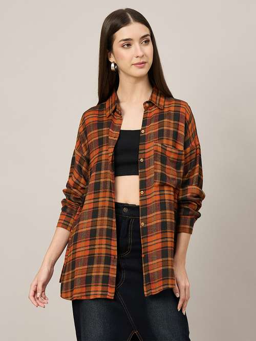 women checkered long sleeve oversized shirt