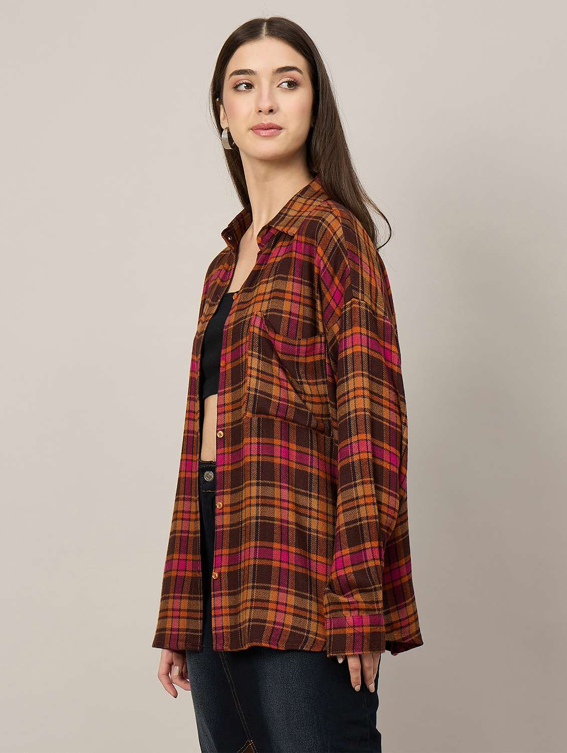 women checkered long sleeve oversized shirt - 22092024 - Standard Image - 2