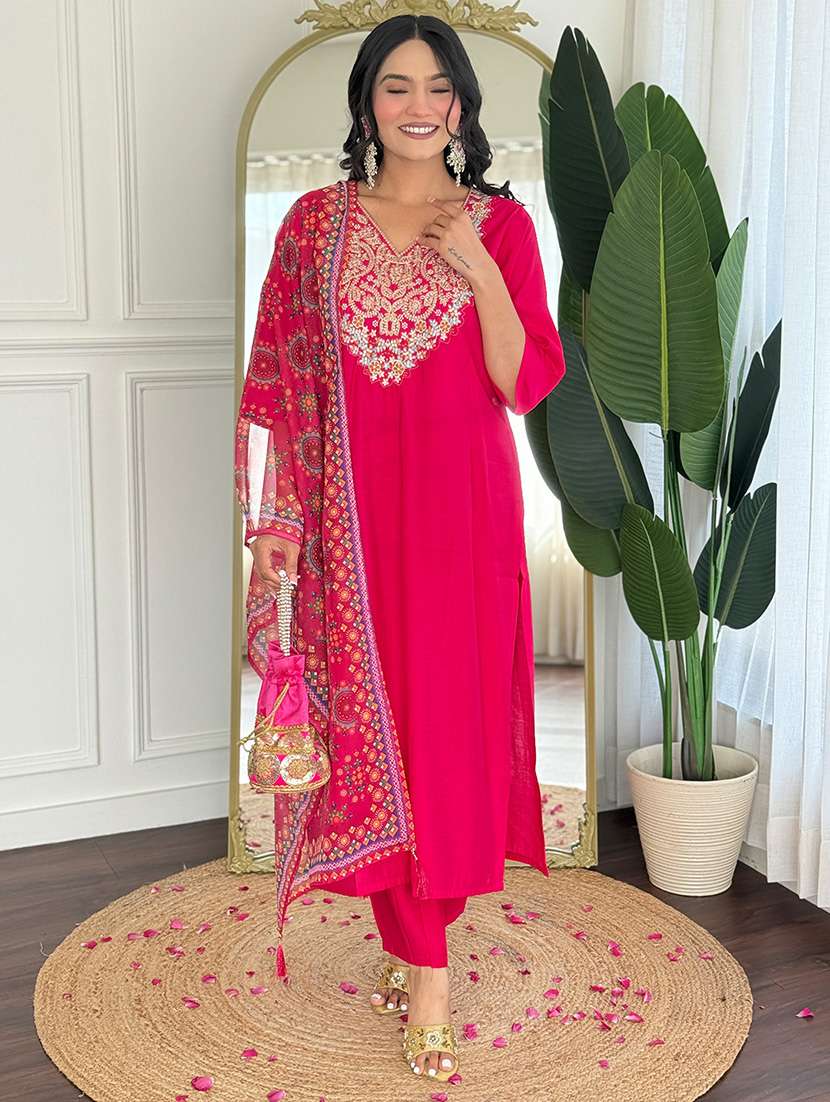 women embroidered three quarter sleeve kurta pant with dupatta set - 22092083 -  Standard Image - 2