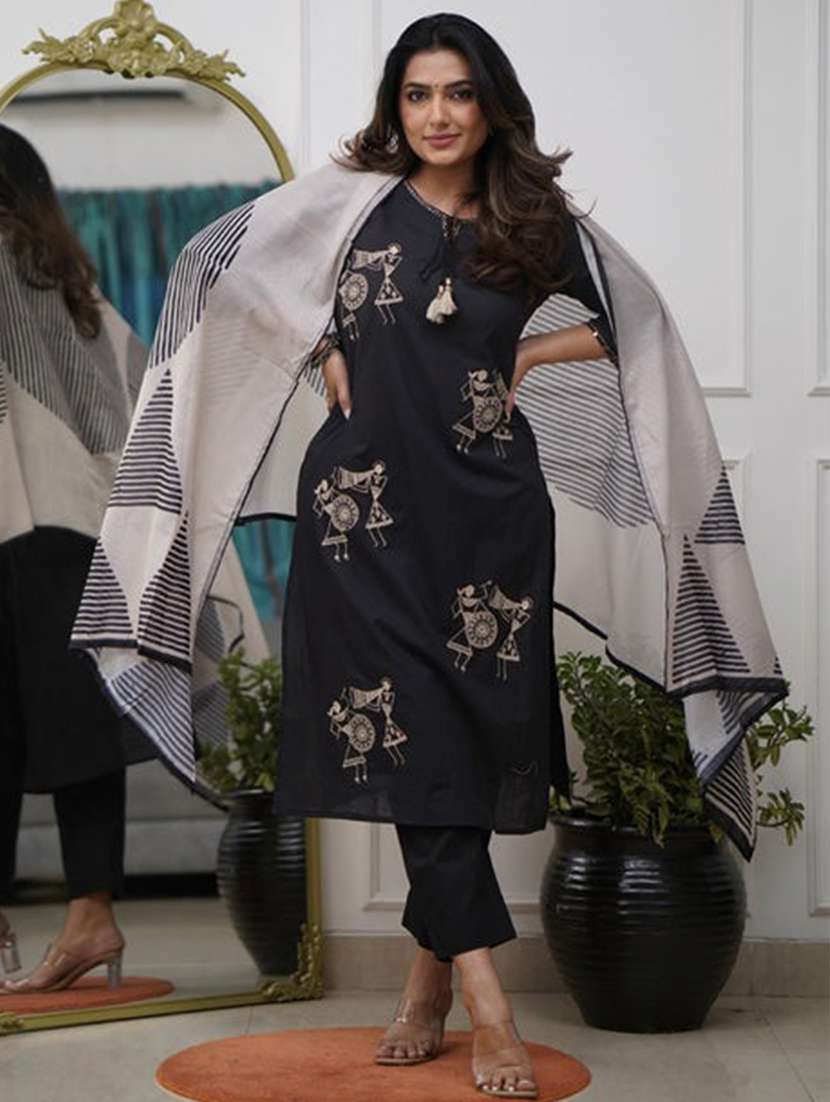 women warli three quarter sleeve kurta pant with dupatta set - 22092092 -  Standard Image - 2