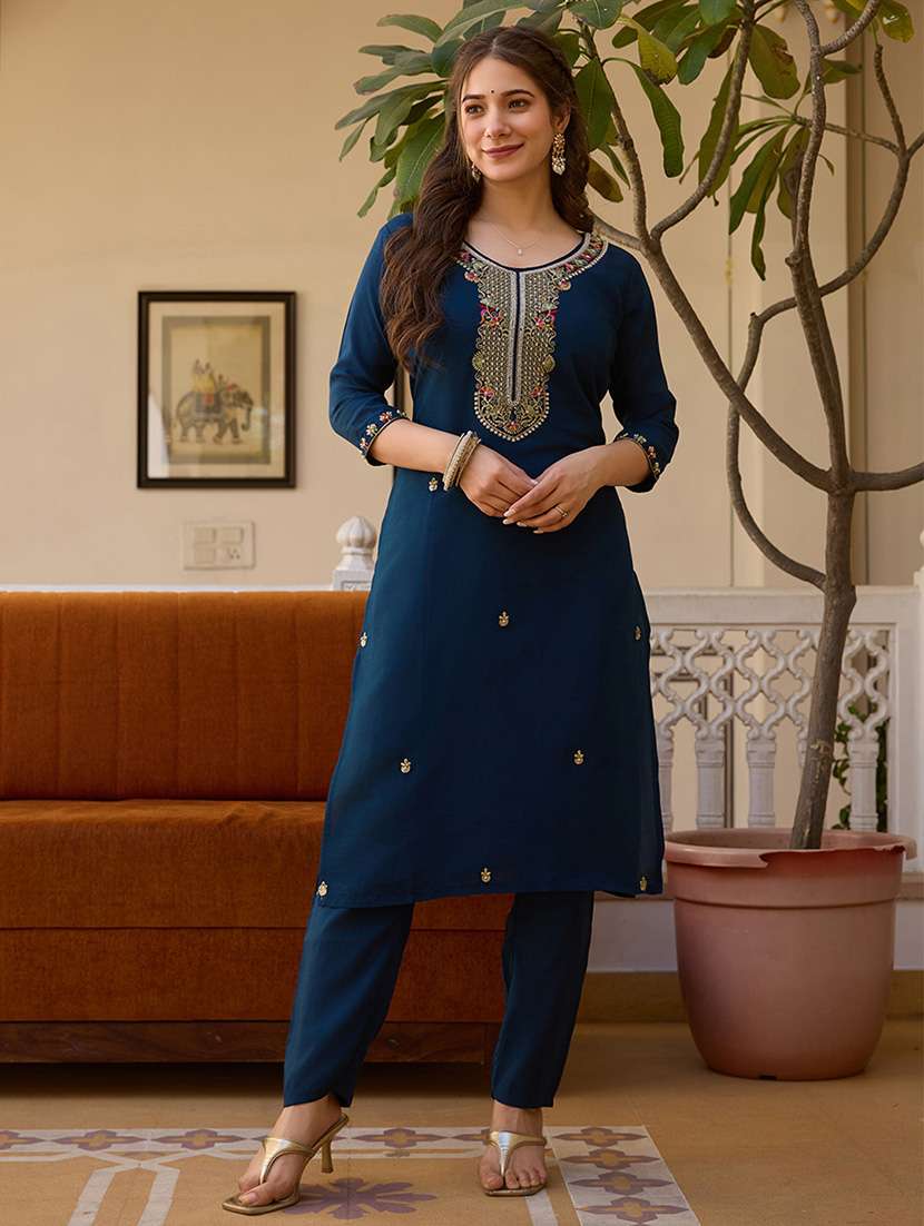 women embroidered three quarter sleeve kurta pant with dupatta set - 22092096 -  Standard Image - 2