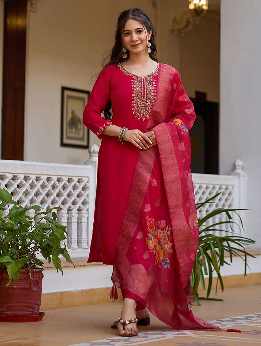 women embroidered three quarter sleeve kurta pant with dupatta set - 22092098 - Standard Image - 2