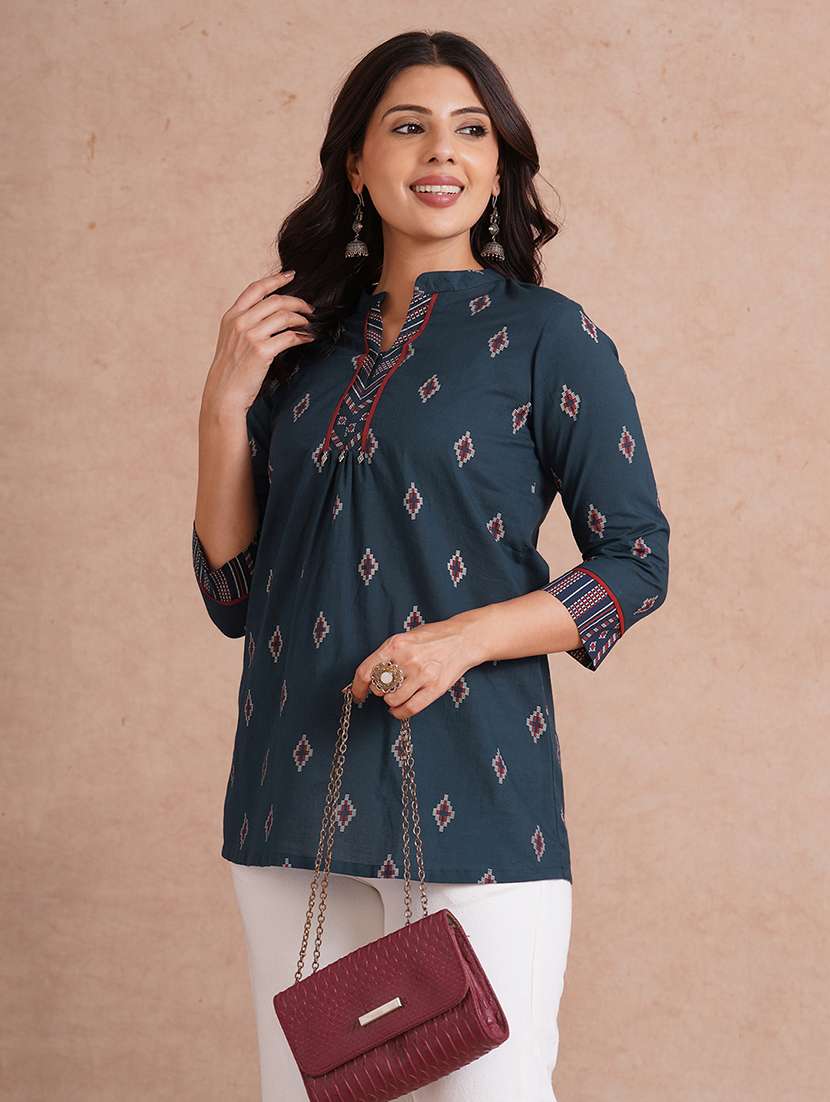 women printed three quarter sleeve a-line kurti - 22092178 - Standard Image - 2