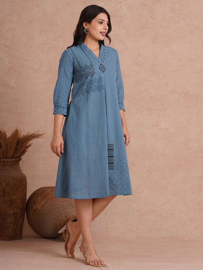 women printed three quarter sleeve a-line dress - 22092182 - Standard Image - 2
