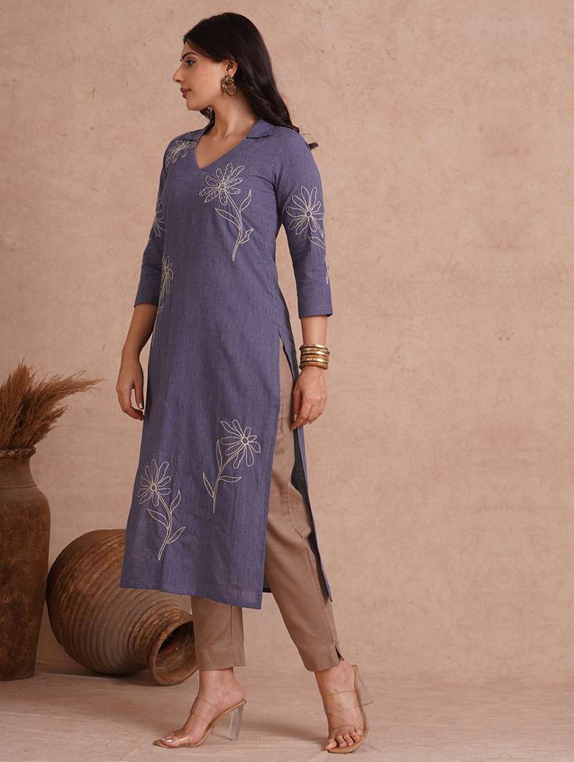 women striped three quarter sleeve straight kurta  - 22092189 -  Standard Image - 2